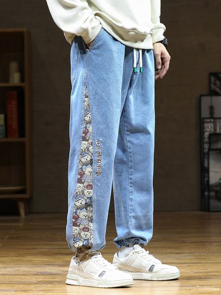 

men s jeans baggy pants fashion bear patchwork wide leg denim joggers men hip hop streetwear straight jean trousers 221118, Blue