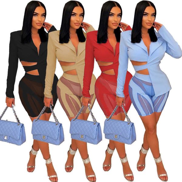 

women's two piece pants sheer mesh patchwork 2 piece set women elegant lace up blazer irregular mesh shorts club party outfit matching, White