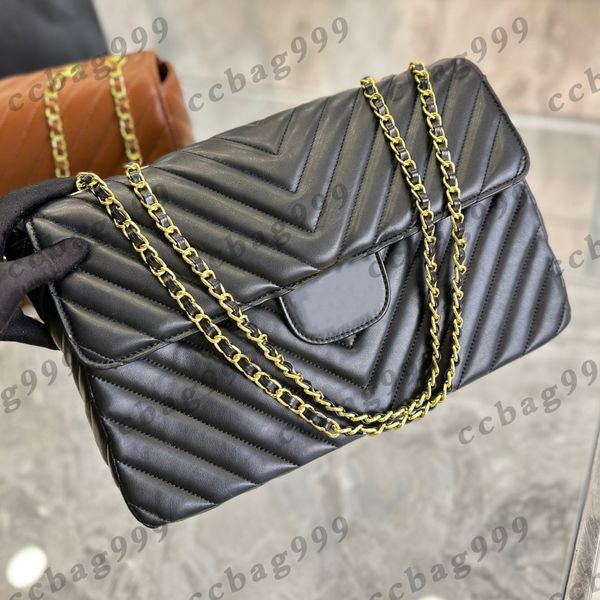 

32cm v-shaped stitch flap handbags women bags black brown genuine leather purse vintage gold metal hardware leather chain street trend shoul