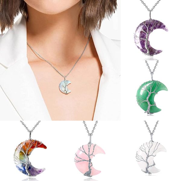 

natural crystal pendant tree of life moon shape necklace for women men polished mineral healing jewelry choker gifts, Silver