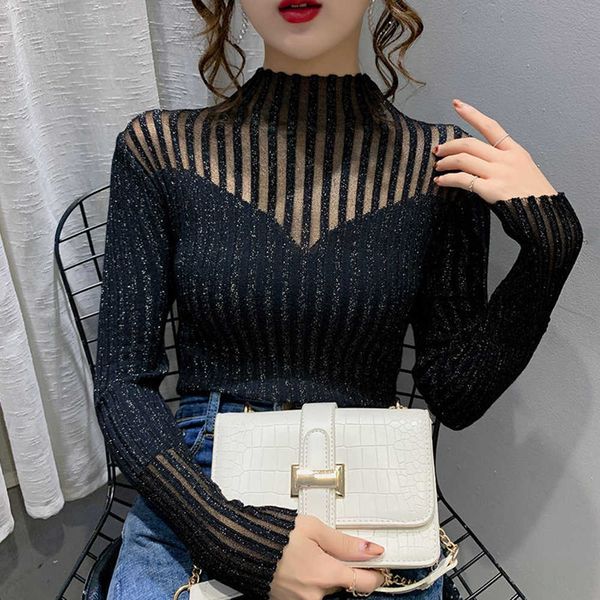 

women's sweaters half turtleneck pullover vintage drilling knit korean fashion women bright silk 21 spring fall two options sweater t22, White;black