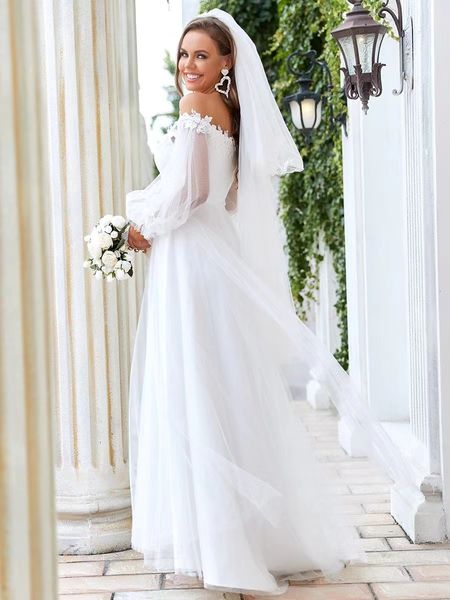 

plus wedding dress off shoulder a-line deep v long sleeve white ep326