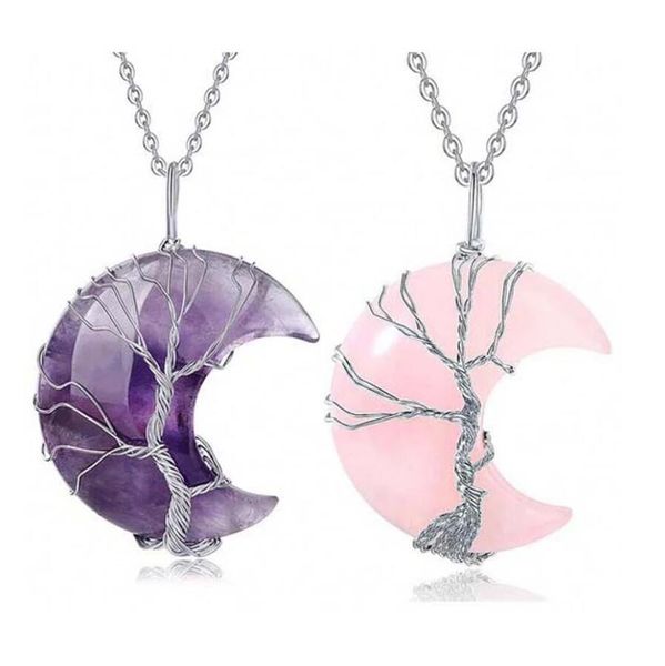 

7 chakras tree of life pendant necklace wire wrap crescent moons crystal pendants quartz natural stone agates aventurine, Silver