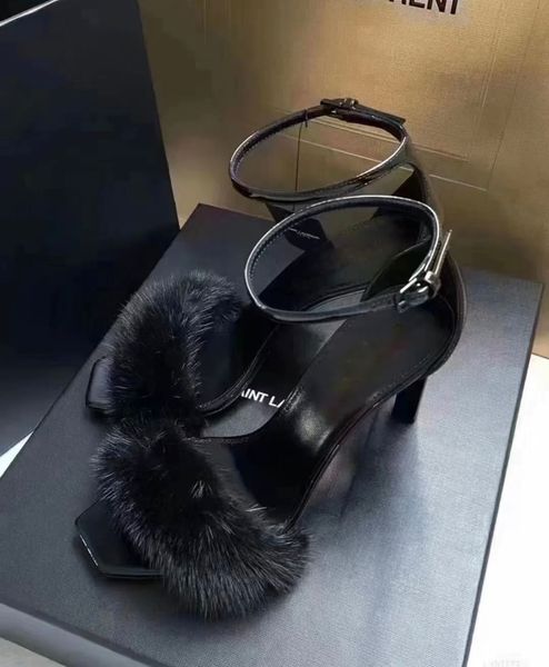

brand 22s/s women bea sandals shoes black white patent leather and mink fur strap high heels lady dress wedding gladiator sandalias eu35-43