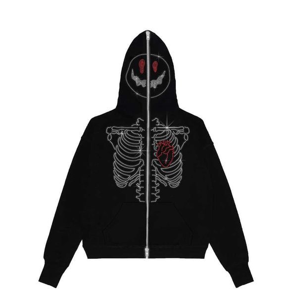 

men's hoodies sweatshirts rhinestone skeleton hoodies women gothic retro zip up oversized jacket coats female harajuku hooded sweatshir, Black