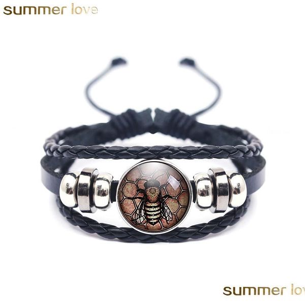 

other bracelets fashion handmade mti layer braided bracelets lovely bees art picture glass cabochon black leather wrap bracelet for dh6oa, Golden;silver