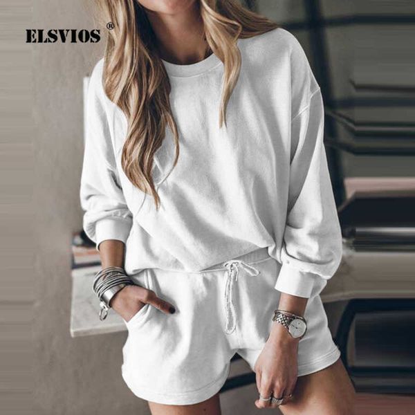 

women's two piece pants autumn women new fashion o neck pullover sweatershirt shorts two piece suit casual solid color long sleeve eleg, White