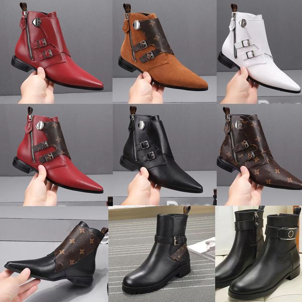 

2022 women designer luxury martin boots fashion solid color leather metal letters pointed buckles boots platform non-slip chunky heel ankle, Black