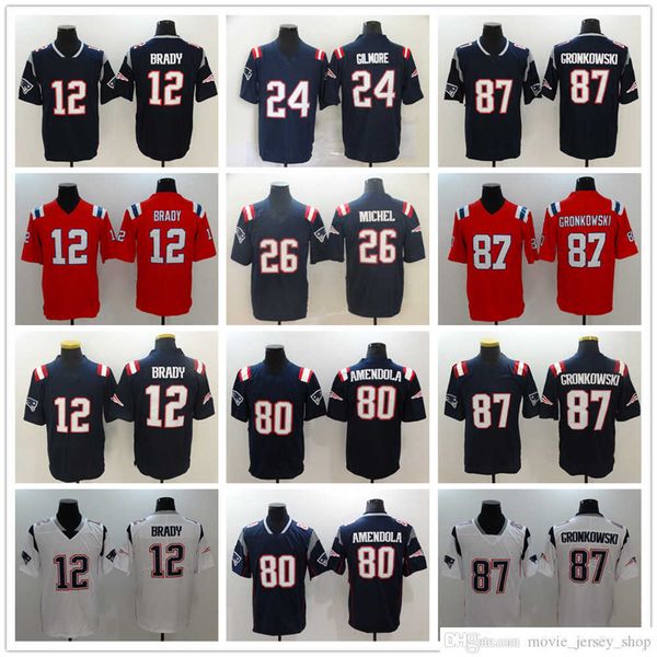 

2022 new football jerseys 12 brady 24 stephon gilmore 26 sony michel 54 hightower 80 amendola 87 cronkowski stitched jersey, Black;red