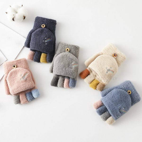 

children s finger gloves cute cartoon kids five finger flip knit mittens plush baby children boy girls winter soft warm thick half glove 221, White
