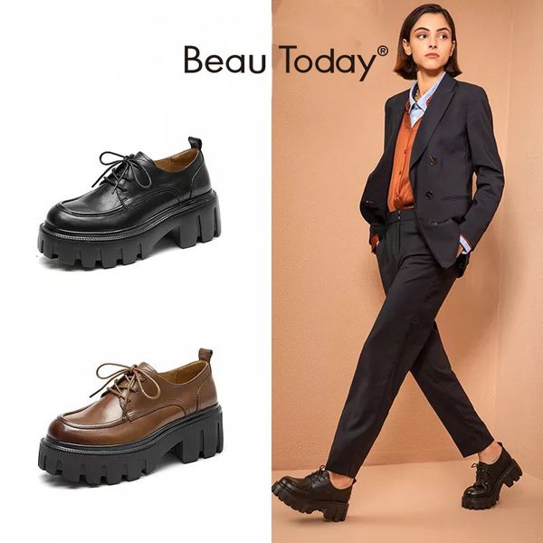 

dress shoes beautoday platform women genuine cow leather round cross tied closure chunky sole ladies casual handmade 21894 221118, Black