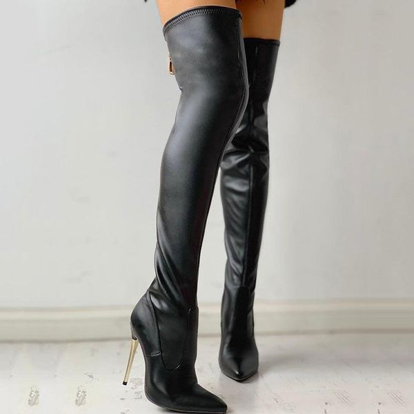 

2022 fashion black leather over the knee boots high heels metal back zipper ladies luxury designer factory shoes