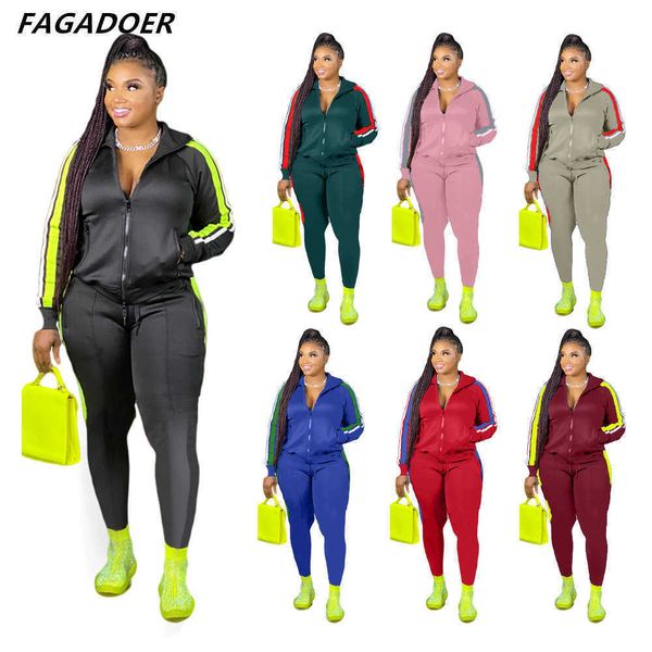 

women's two piece pants fagadoer plus size sport two piece set s-4xl women autumn tracksuits zip pockets coat and long pants sets casua, White