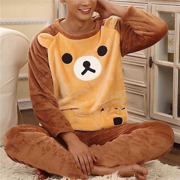 

men's sleepwear thicken warm flannel pajamas set male long sleeved cartoon men's winter leisure loose home cloth autumn loose men, Black;brown