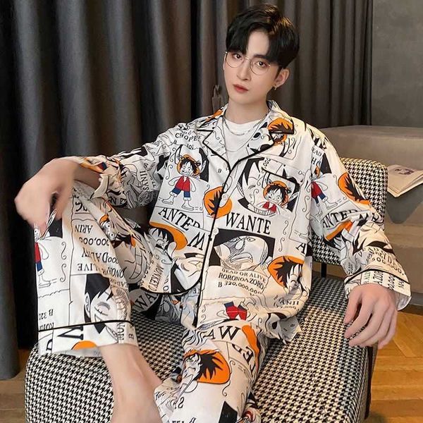 

men's sleepwear mens pajamas set ice slik like 2 pieces sleepwear long sleeve anime pijama for young boys casual loungewear hombre pyja, Black;brown