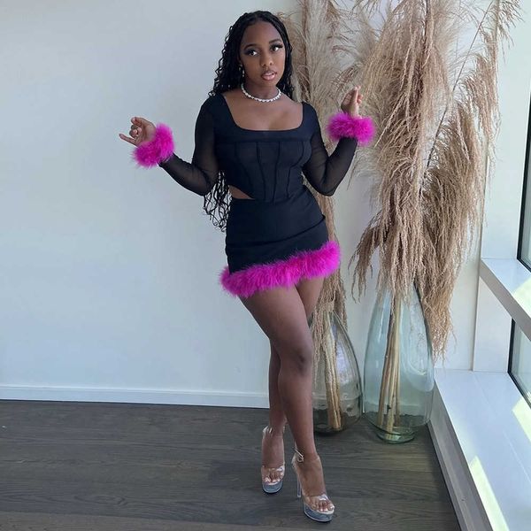 

women's two piece pants furry feathers hem two piece set women o neck corset crop mini skirts skinny club party rave outfits matching s, White