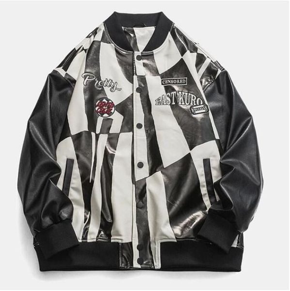 

pu leather baseball coats letter embroidery jackets men varsity couple coats, Black;brown
