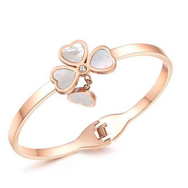 

charm s rose gold plated four-leaf clover stainls steel bangle bracelet, Golden;silver