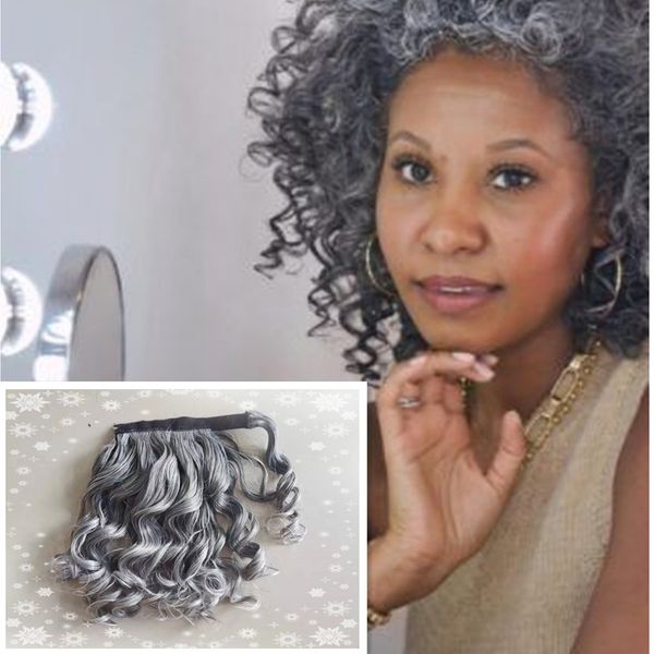 

natural silver grey ponytail hairpiece human hair ponytails salt and pepper wavy curly gray puff bun updo pony tail hair piece 120g 12inch, Black