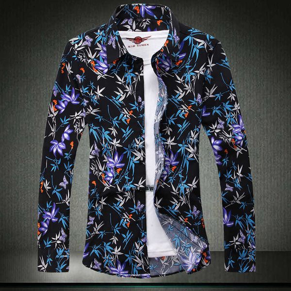 

men's casual shirts fashion korea design hawaii beach long sleeve casual flower shirts men's print blouse 2022 summer clothes over, White;black