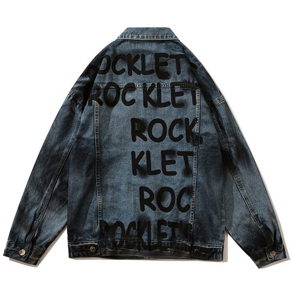 

men's down parkas hip hop denim jacket men letter graffiti tie dye wash cotton vintage motorcycle biker jeans jacket streetwear punk fa, Black