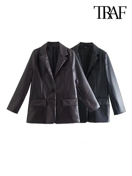 

women's suits blazers traf women fashion front button faux leather blazer coat vintage long sleeve flap pockets female outerwear chic v, White;black
