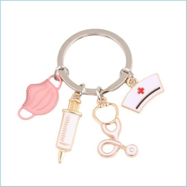 

key rings medical tool key ring doctor keychain injection syringe stethoscope nurse cap chain medico gift diy jewelry drop delivery dhmw8, Slivery;golden