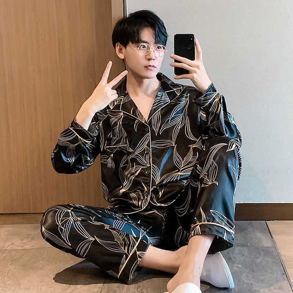 

men's sleepwear oversized 3xl 4xl 5xl men comfortable pyjamas long sleeve casual home wear couple pajamas silk boy pajama set leisure s, Black;brown