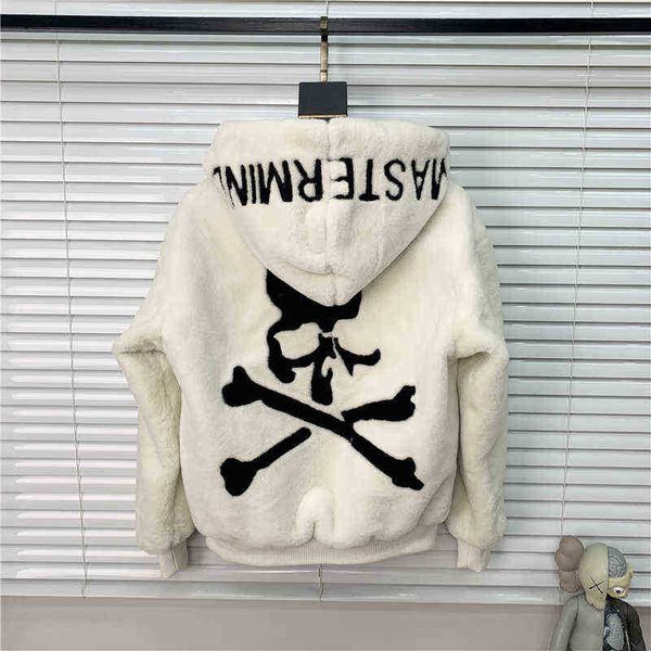 

new mmj winter cardigan hooded mink plush embroidery skull mastermind men and women jackets, Black;brown