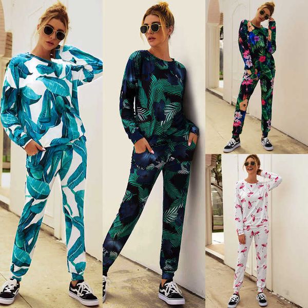 

women's two piece pants floral print tracksuit women spring summer long sleeve t shirts and pant set casual ladies outfit 2 piece sets, White