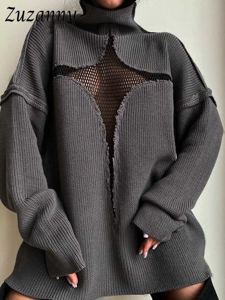 

women's sweaters zuzanny 2022 winter women turtleneck pullover sweater cut out mesh oversize loose knit y2k femme solid casual coat ou, White;black