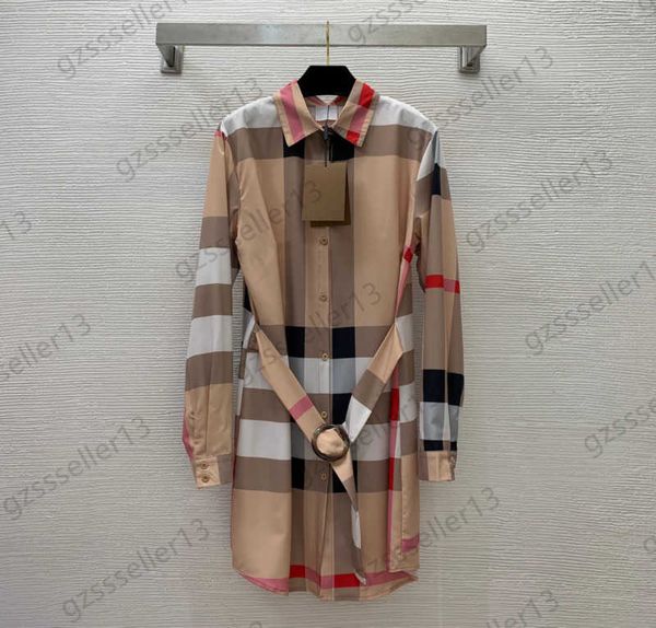 

dress womens designer clothing casual dresses contrast color plaid printed lapel long-sleeved shirt dress belt slim loose straight maxiskit, Black;gray