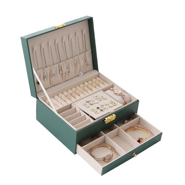 

jewelry boxes double drawer leather jewelry box highgrade earrings hand jewelry display with lock ring storage casket 221119, Black;white