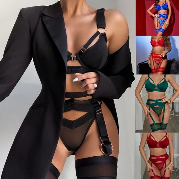

goth women's underwear lingerie set hollow out black exotic brief 3 piece sets setup ladies underwire bilizna sets, Black;white