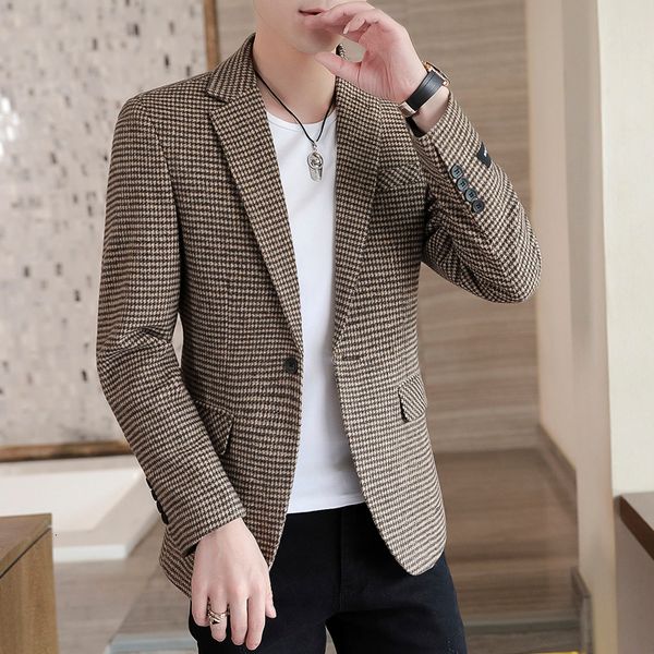 

men's suits blazers autumn men jacket suit onebutton classic houndstooth korean style non-ironing mens wedding tuxedos masculino 221118, White;black