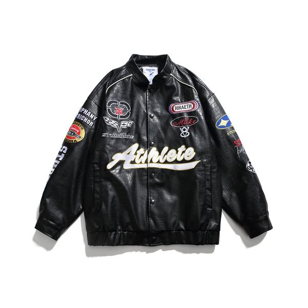 

coats men letter embroidery pu leather jackets varsity waterproof, Black;brown