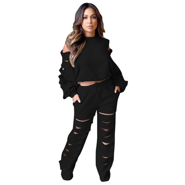 

women casual two piece pants sets outfit hollow out pullover sweatshirt jogger long pants tracksuit jumpsuit, White