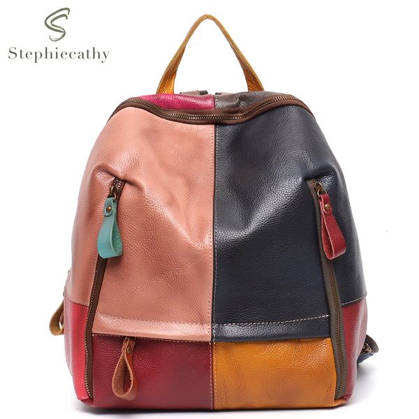 

school bags sc vintage patchwork real leather women backpacks travel shoulder pack retro color plaid functional pockets knapsack 221118