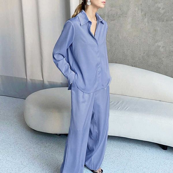 

women's two piece pants seigurhry women's casual 2 piece set t shirt long pants button down full sleeve outfits soft silky satin, White