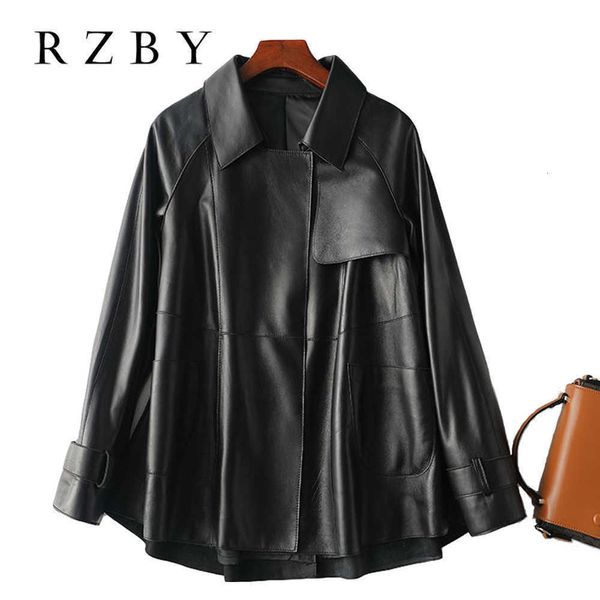 

spring autumn genuine leather jacket big pocket chic loose motobike bf vintage retro women sheepskin coat plus size rzby300 211011, Black