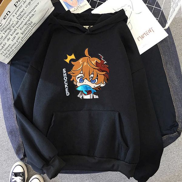 

men's hoodies sweatshirts fashion game kawaii tartaglia genshin impact pullover hoodies funny cartoon print winter long sleeve men wome, Black