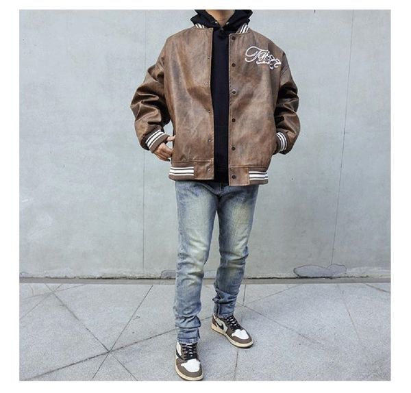 

men's down parkas men's jacket hiphop streetwear retro texture pu leather oversized baseball uniform embroidery font coat jacket m, Black