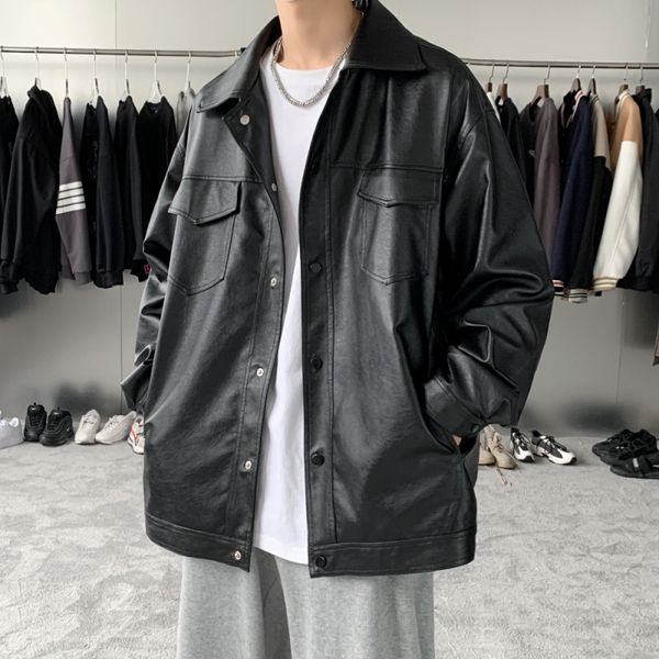 

men's leather faux men washed pu leather motorcycle jacket male korean version of loose large size plus fat coat spring and autumn 2211, Black