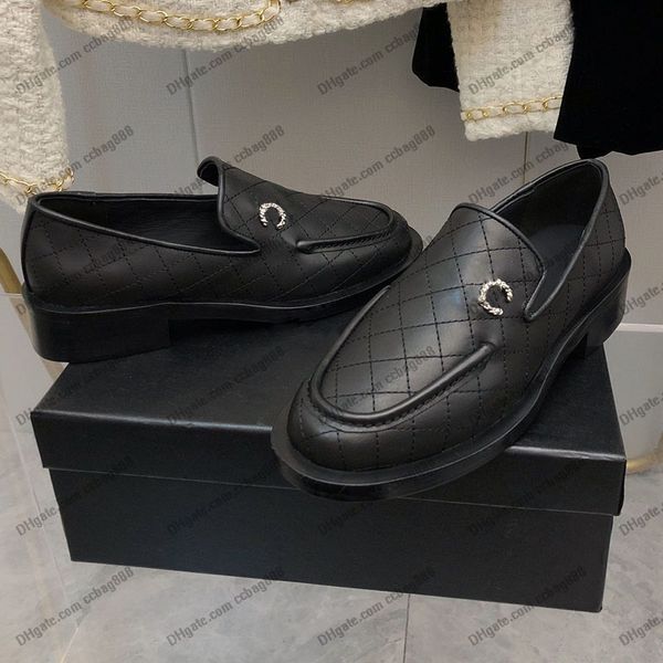 

designer womens dress shoes classic slip-on loafers chunky heels 4cm cowhide quilted texture hardware matelasse ballet shoes real leather ou, Black
