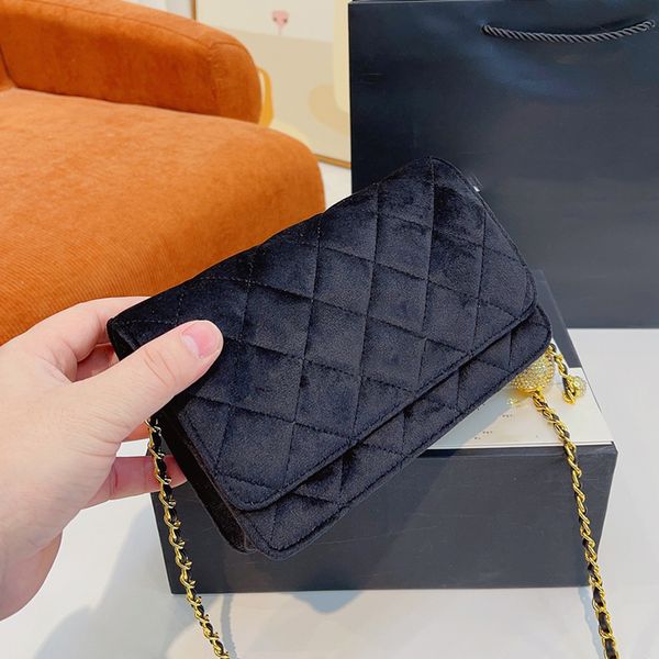 

womens velours woc wallet bags with gold crudh strass ball metal hardware matelasse chain crossbody shoulder purse card holder multi pochett, Red;black