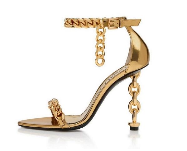 

elgant designer dress chain heel dorsay sandals thin high heel women real leather narrow band metal lock decor ankle strap sandalias summer, Black