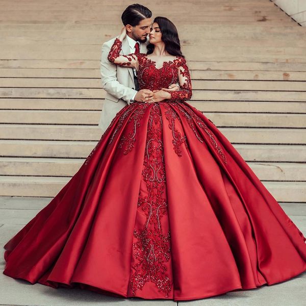 

red beaded ball gown wedding dresses with long sleeves appliques sheer v neck bridal gowns satin sweep train wedding dress, White