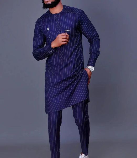 

men's tracksuits striped print long sleeve setting ethnic suit pants 2 pieces outfit men clothing dashiki shirt trouser 221118, Gray