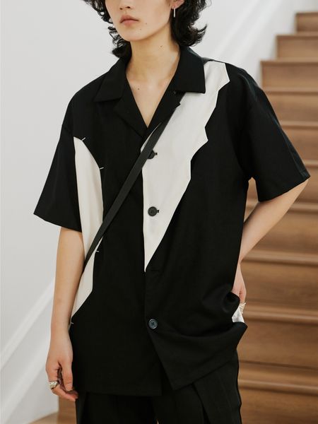

men's casual shirts niche black designer casual black and white stitched lapel men's short sleeve shirt 221119, White;black
