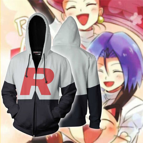 

men's hoodies sweatshirts team rocket jessie musashi james kojirou zipper pullover game anime cosplay sweatshirt hoodies t221114, Black